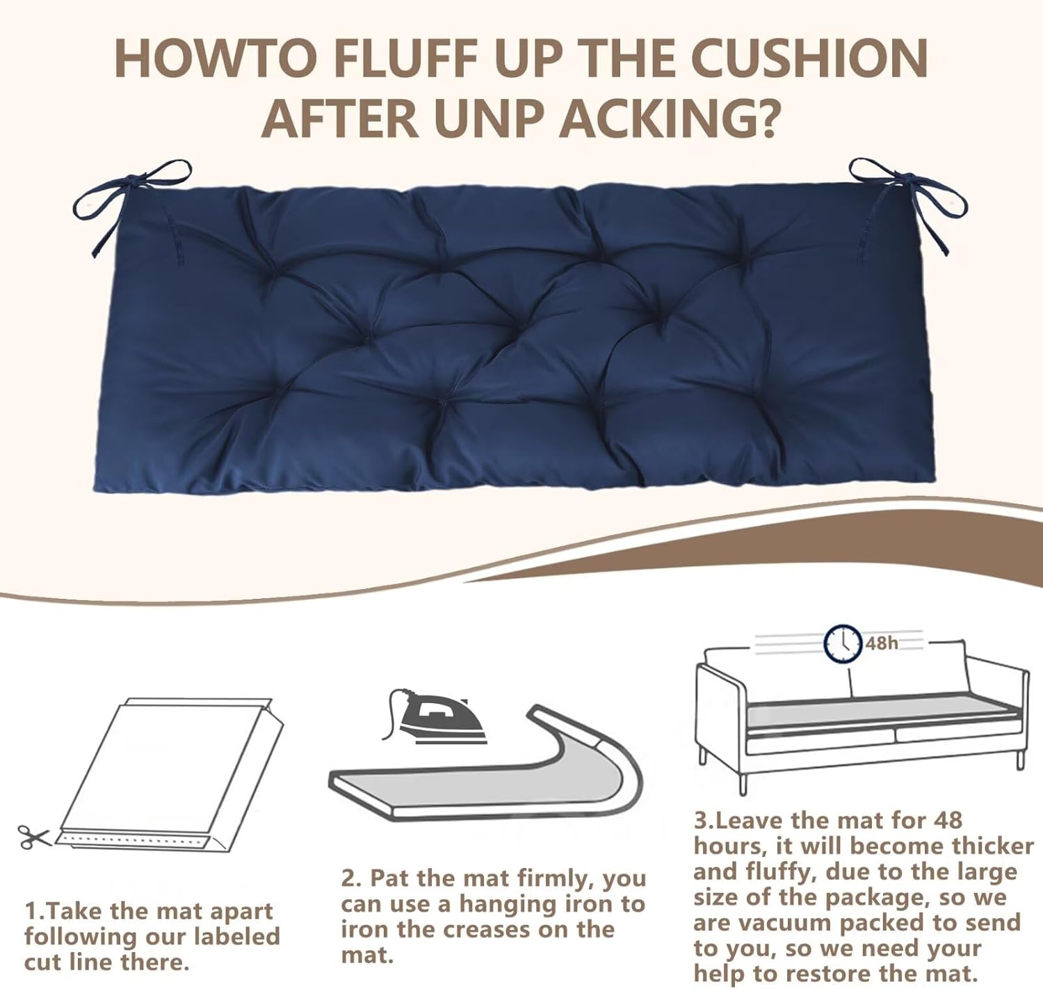 47.3 in Waterproof Indoor/Outdoor Garden Bench Seat Cushions，Thicken Patio Bench Soft Rocking Chairs Pad Lounger Seat for Wicker Loveseat Settee（47.3 X 19.6 in，Navy）