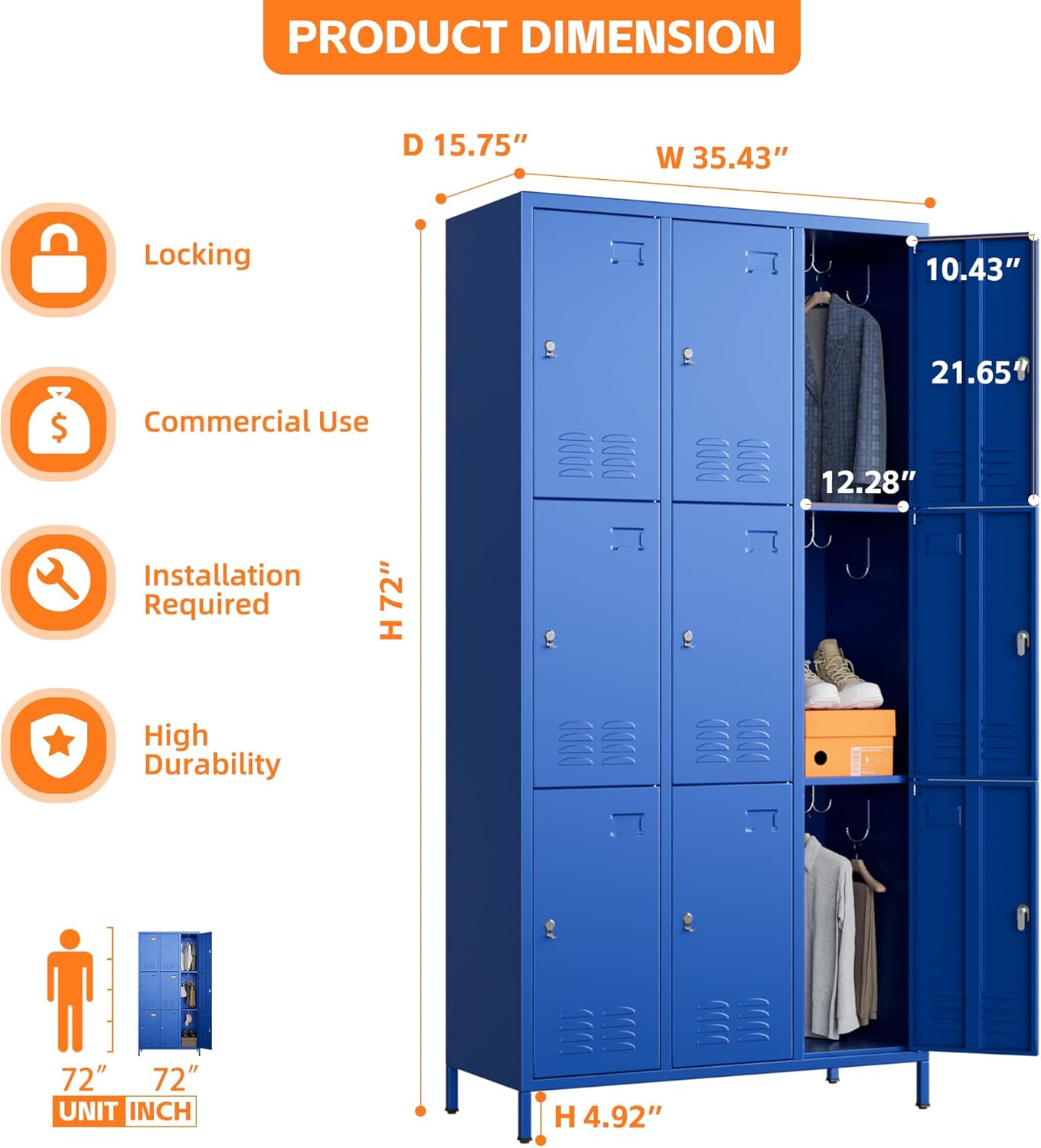 9 Doors Metal Lockers for Employees with 27 Hooks, Storage Locker with Business Card Holder for Office Gym School Bedroom, Assembly Required, Blue
