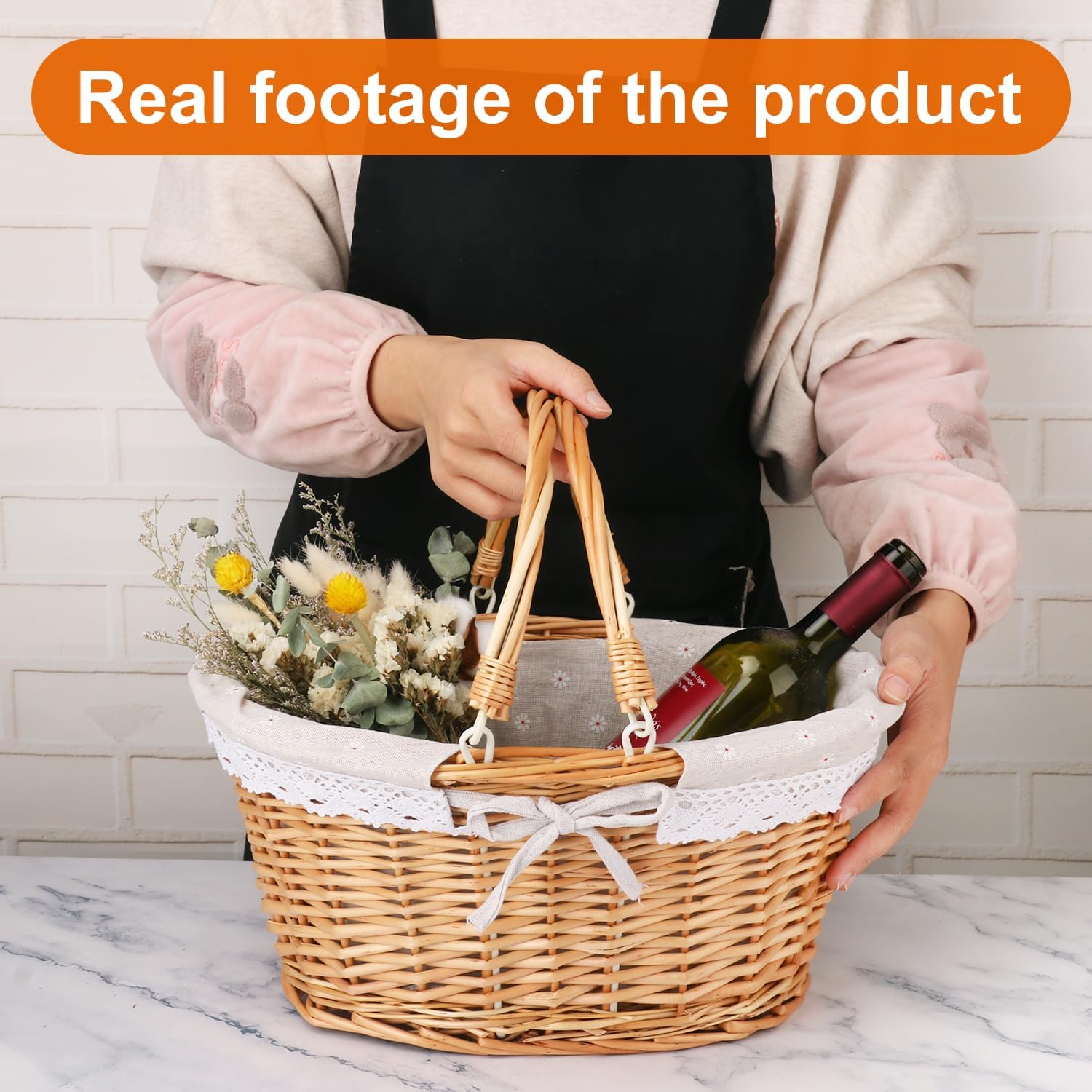 Natural Wicker Basket with Linen Lining, Woven Picnic Basket with Handle, Large Picnic Basket, Stylish Hand-Woven Favors Storage Basket for Picnic, Camping, Outdoor Party