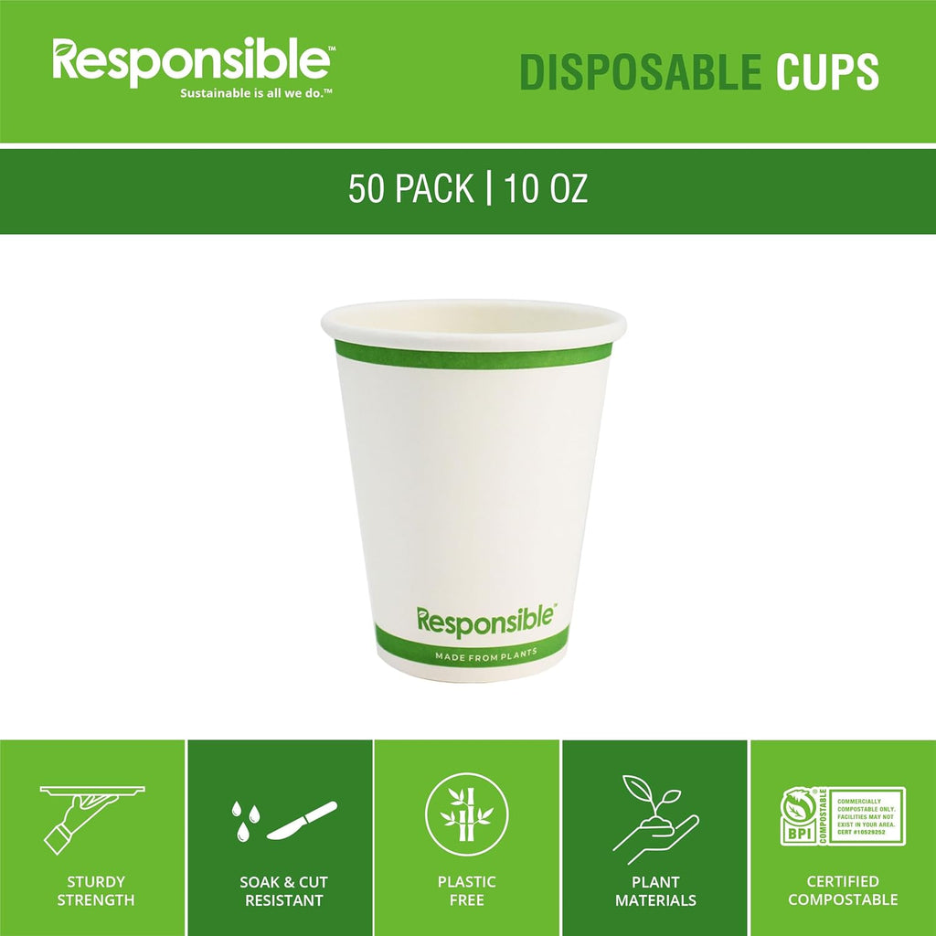 Certified Compostable 10 oz Paper Cups, Cold ＆ Hot Coffee Cups, Disposable Paper Cups, Extra Strength Disposable Cups, Made without PFAS (50 count)