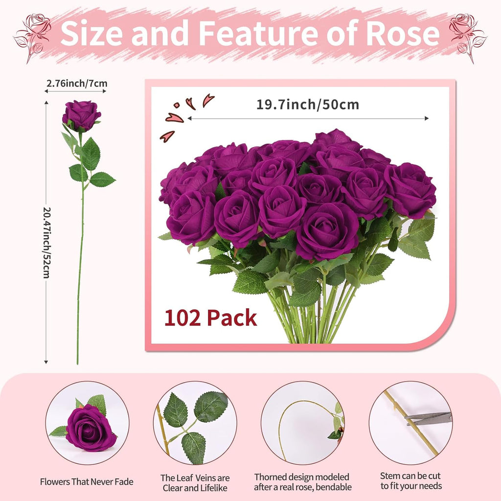 102 PCS Fake Roses Artificial Flowers Bulk, Purple Roses Bridal Bouquet Silk Faux Rose with Stems for Wedding Flowers Decoration, Valentine's Day, Bridal Bouquet,Anniversary,Home Decor (102PCS,Purple)