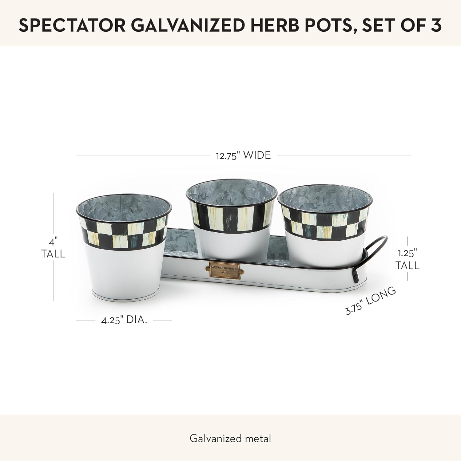 MACKENZIE-CHILDS Galvanized Herb Pots with Tray, Metal Herb Planters, Set of 3, Spectator