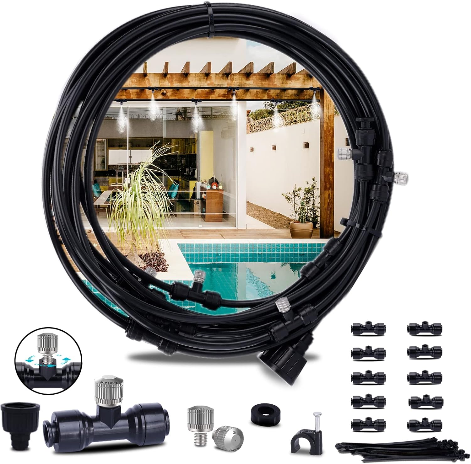 Fogland Misting System: Outdoor Cooling System 32.8FT Misting Cooling System with 10pcs 0.016" Orifice Thread Stainless Steel Mister Nozzle for Patio