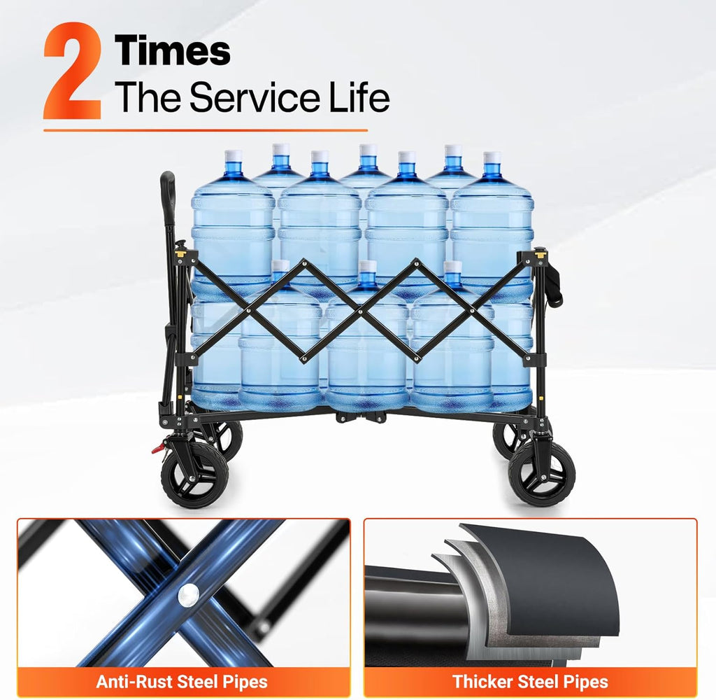 Overmont Ultra-Compact Collapsible Wagon Cart -200L Portable Folding Wagon with All-Terrain Wheels Utility for Beach, Grocery Shopping, Camping, and Gardening – 330lbs Load Capacity Black