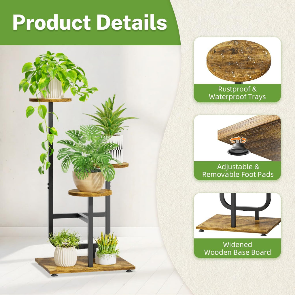 iDavosic.ly 3 Tier Plant Stand Indoor, Corner Tiered Multiple Flower Holder Shelf with Wooden Trays, Orchid Display Metal Rack for Patio Porch Living Room Balcony Outdoor, Modern Black & Rustic Brown