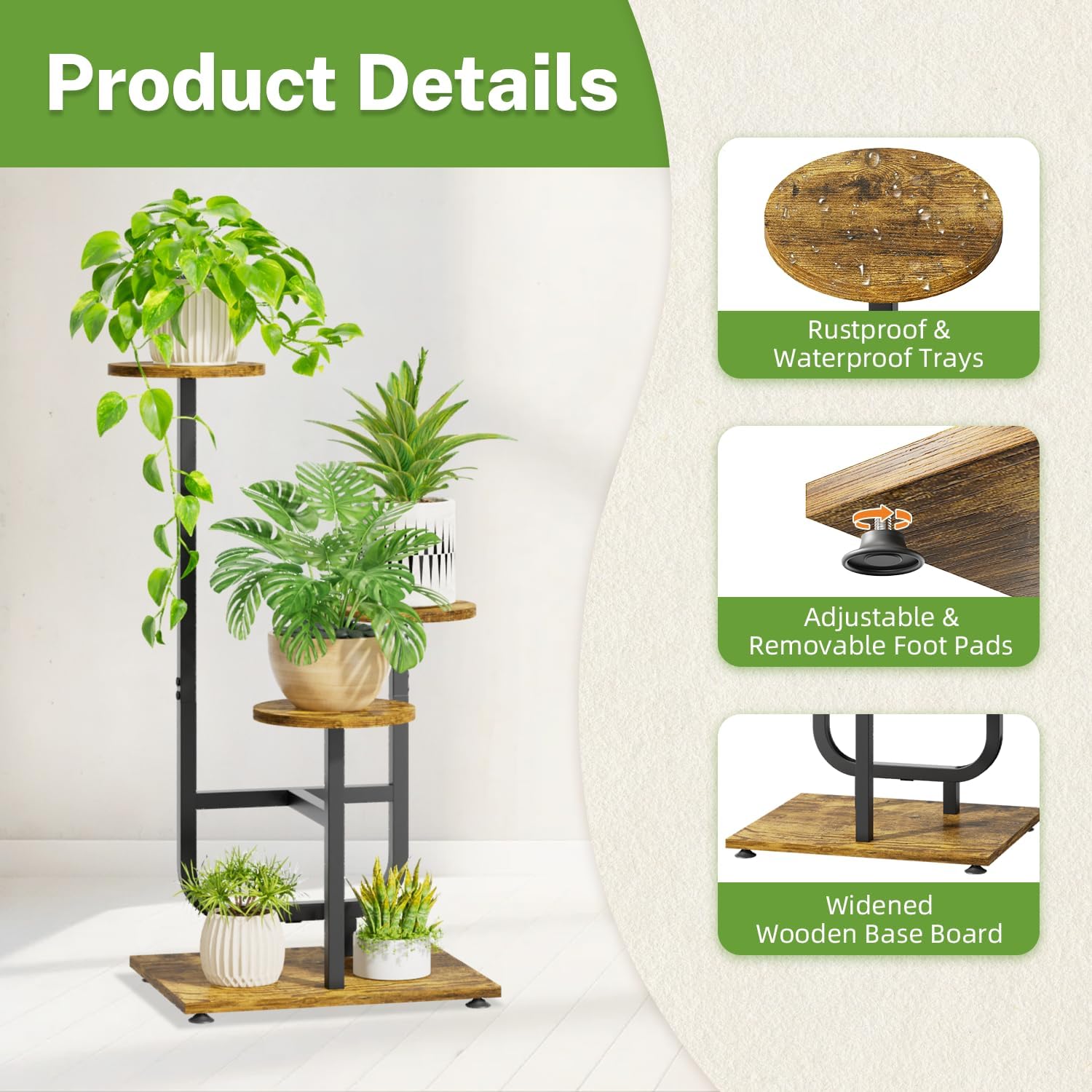 iDavosic.ly 3 Tier Plant Stand Indoor, Corner Tiered Multiple Flower Holder Shelf with Wooden Trays, Orchid Display Metal Rack for Patio Porch Living Room Balcony Outdoor, Modern Black & Rustic Brown