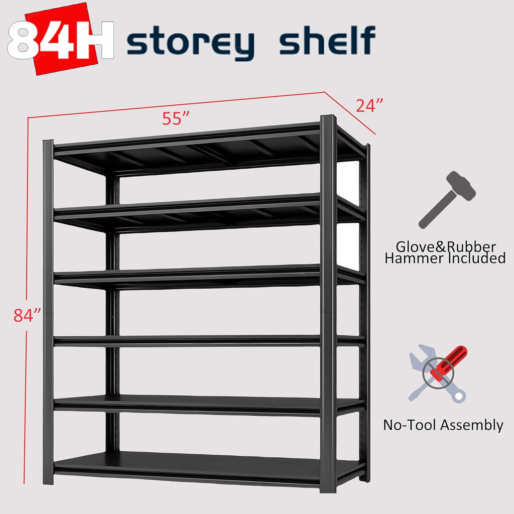 6-Tier 55" W x 24" D x 84" H Garage Shelving 3500LBS Storage Shelves Heavy Duty Metal Shelf Unit Adjustable Basement Industrial Storage Racks (6T-84 * 55 * 24)