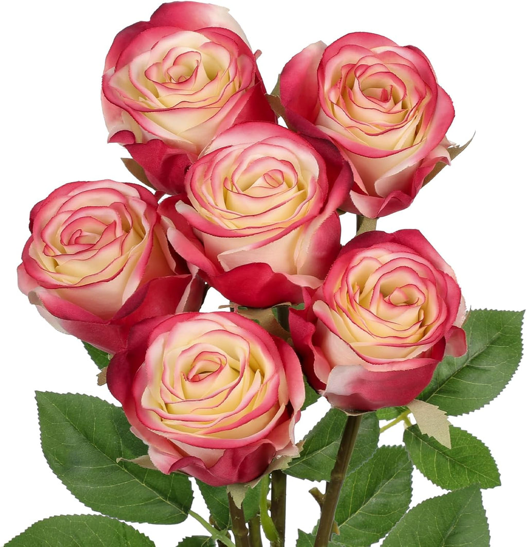 Briful Roses Artificial Flowers– 6PCS 18.9" White Red Rose Silk Flowers with Long Stems Realistic Fake Rose Bouquet for DIY Wedding Arrangements Table Vase Centerpieces Home Event Decor