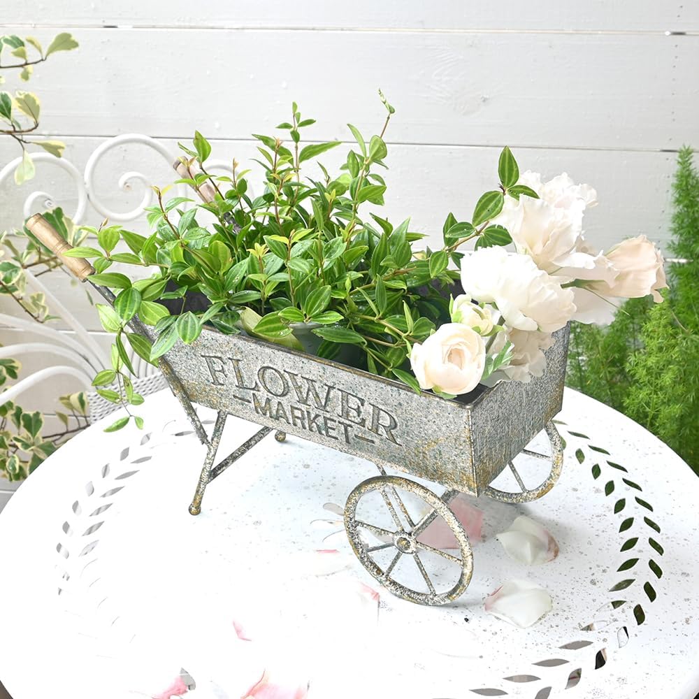 15 Inch Farmhouse Small Flower Cart with Wooden Handles Metal Wagon Planters for Outdoor Plants Decorative Wheelbarrow Plant Cart for Patio Garden Balcony Gray