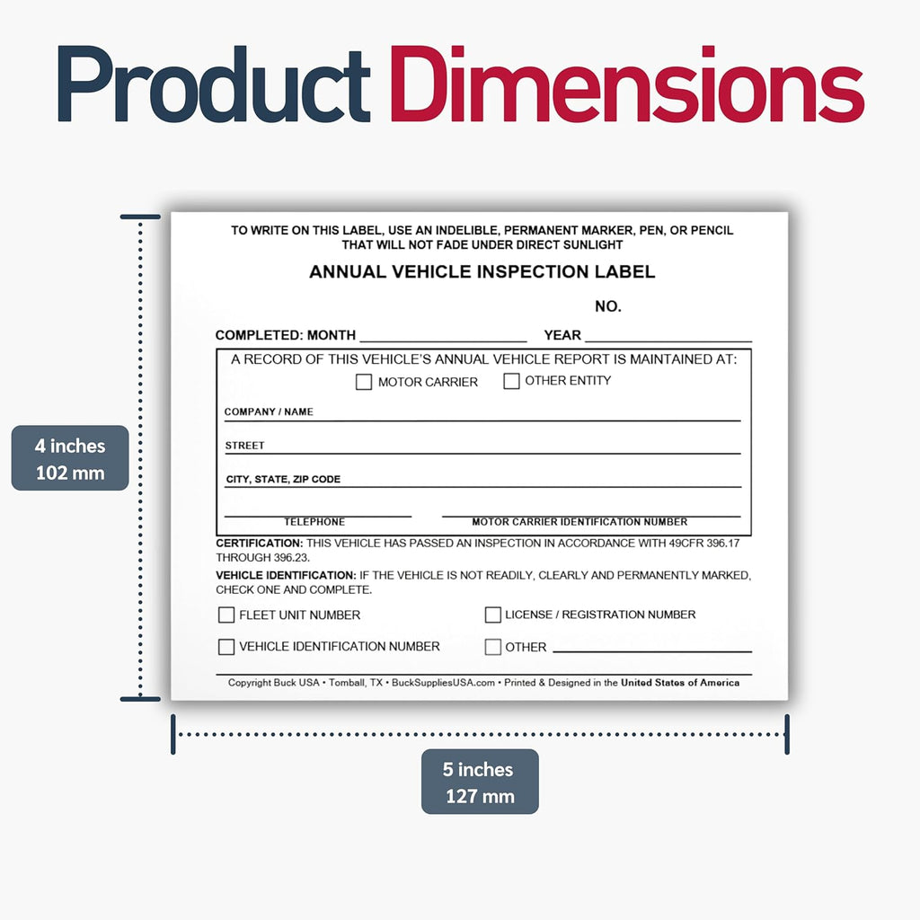100 Pack Buck Annual Vehicle Inspection Label, 2-Ply Adhesive Vinyl with Mylar Laminate, FMCSA & DOT Compliant, Weatherproof, Tear Resistant, Easy to Write On, 5" x 4" - Made in USA