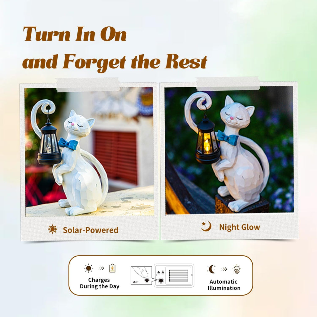 WHIMSYNOOK 10.7" White Cat Solar Garden Light Statue – Outdoor Garden & Yard Decor, LED Lantern, Gift for Cat Lovers