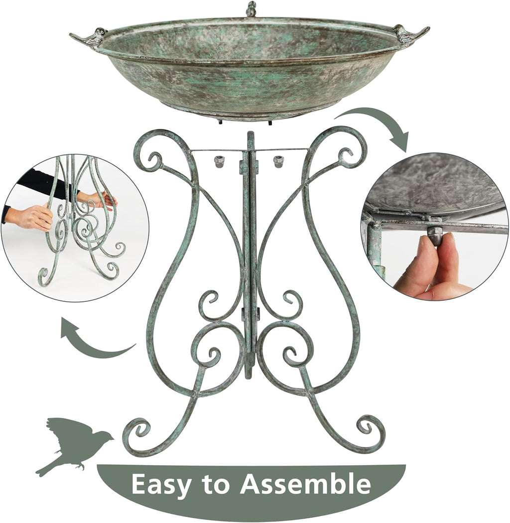 Solution4Patio 19.3" x 26.4" Vintage Metal Bird Bath for Outside - Foldable Garden Decor with Cast Iron Bird, Stable Birdbath Bowl & Feeder