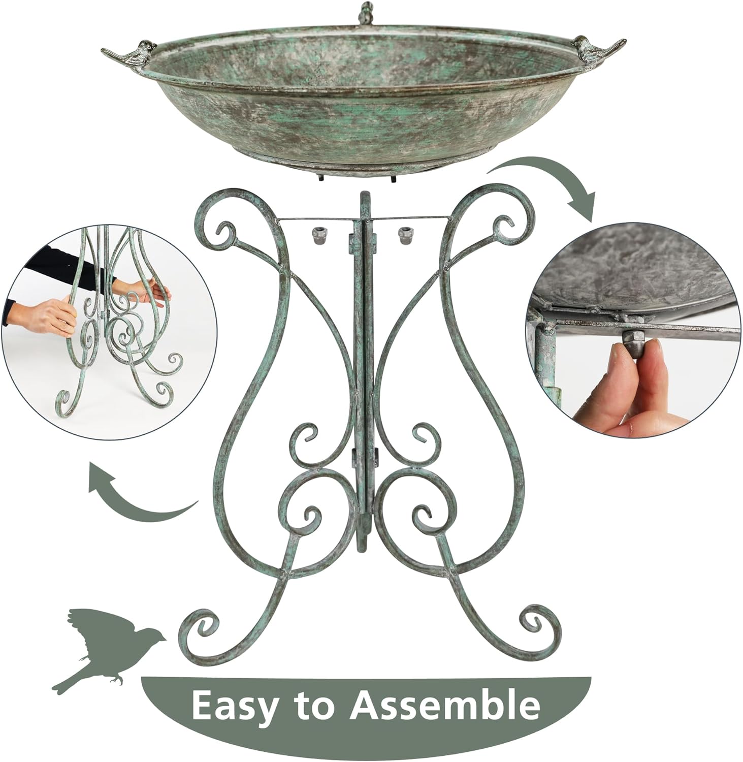 Solution4Patio 19.3" x 26.4" Vintage Metal Bird Bath for Outside - Foldable Garden Decor with Cast Iron Bird, Stable Birdbath Bowl & Feeder