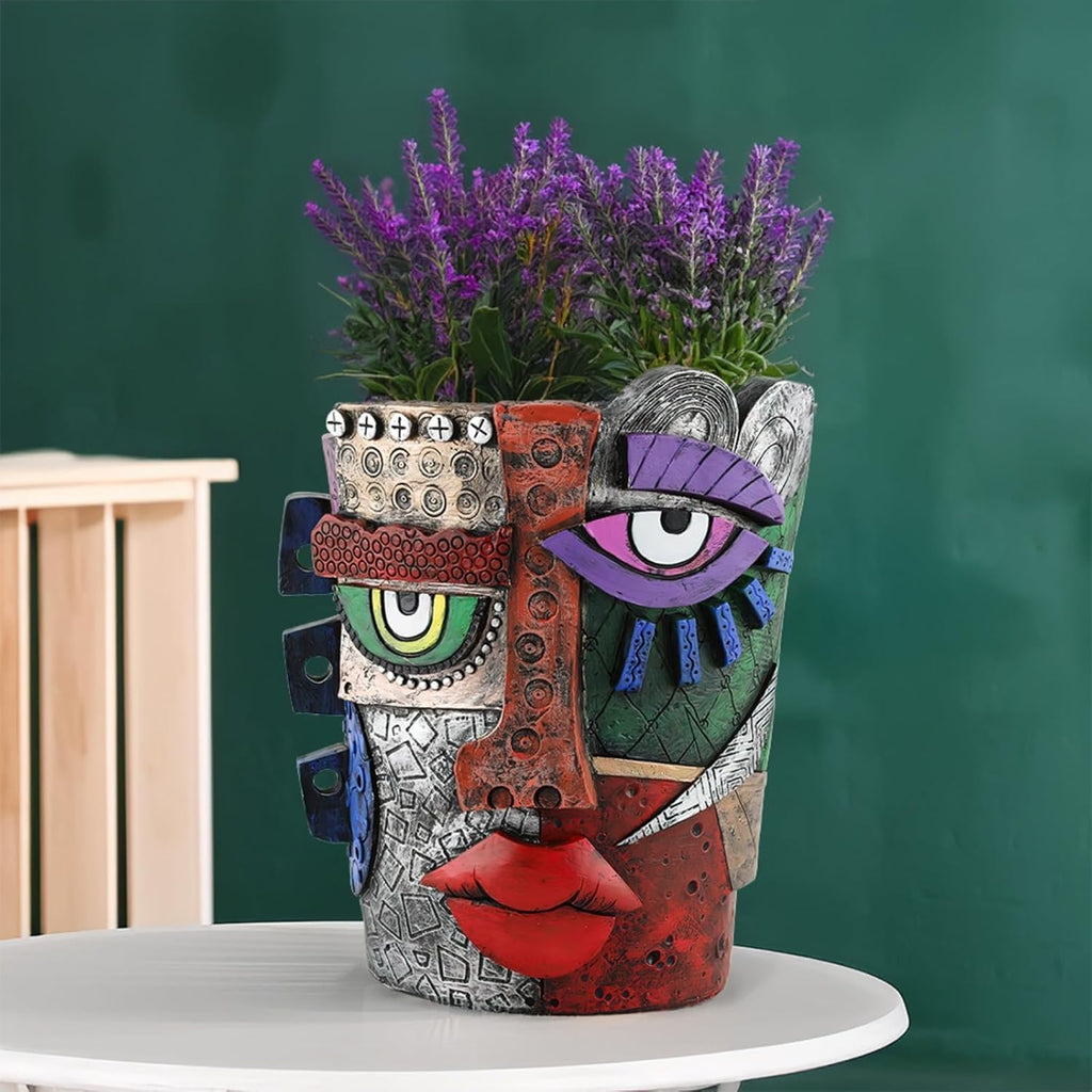 TOZLU Picasso Brutalist Beauty Face Flower Pot - Head Planter with Colorful Face Art - Resin & Flower (Stare Flower Pot)
