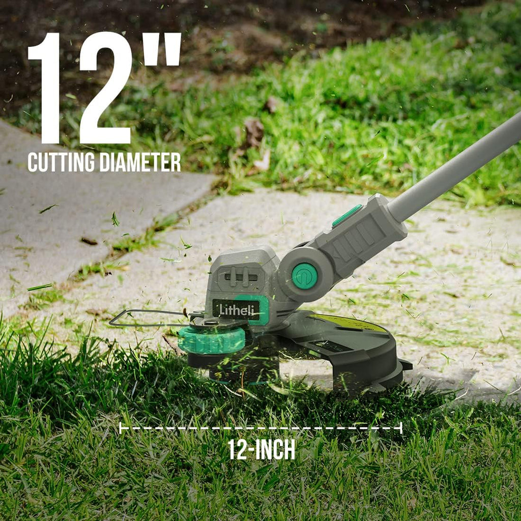 Litheli 20V 12 Inch Cordless String Trimmer/Edger, 2 X 2.0Ah Battery Powered Weed Eater with Auto-Feed for Lawn Trimming/Edging, with 6 Pcs Grass Cutter Spool Line, Fast Charger Included