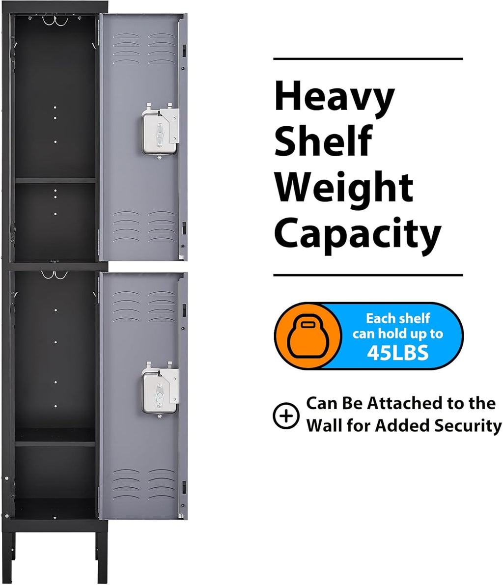 Metal Storage Locker, Lockable Employees Metal Locker with 2 Doors, 65.98" Height Steel Locker for Home, Dressing Room, Office, Gym (Black Grey)