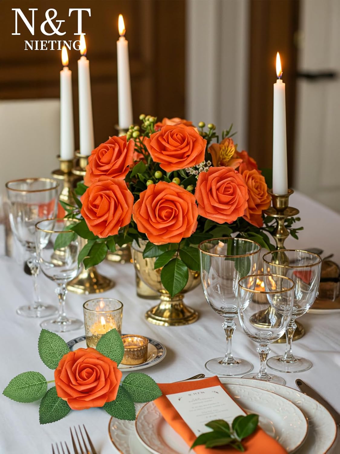 N&T NIETING Artificial Flowers, Fake Flowers Burnt Orange Roses Perfect for DIY Wedding Bridal Bouquets Centerpieces Bridal Shower Party Home Flower Arrangement Decorations, 50Pcs