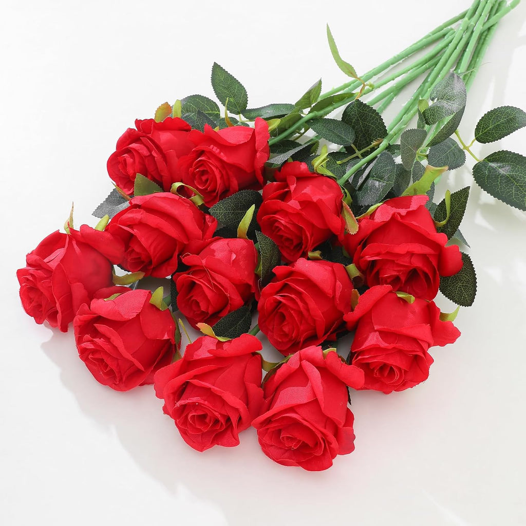 12Pcs Realistic Fake Red Roses Faux Flowers with Long Stems, Artificial Silk Rose Flowers for Valentines Day Home Wedding Decor Bridal Bouquet