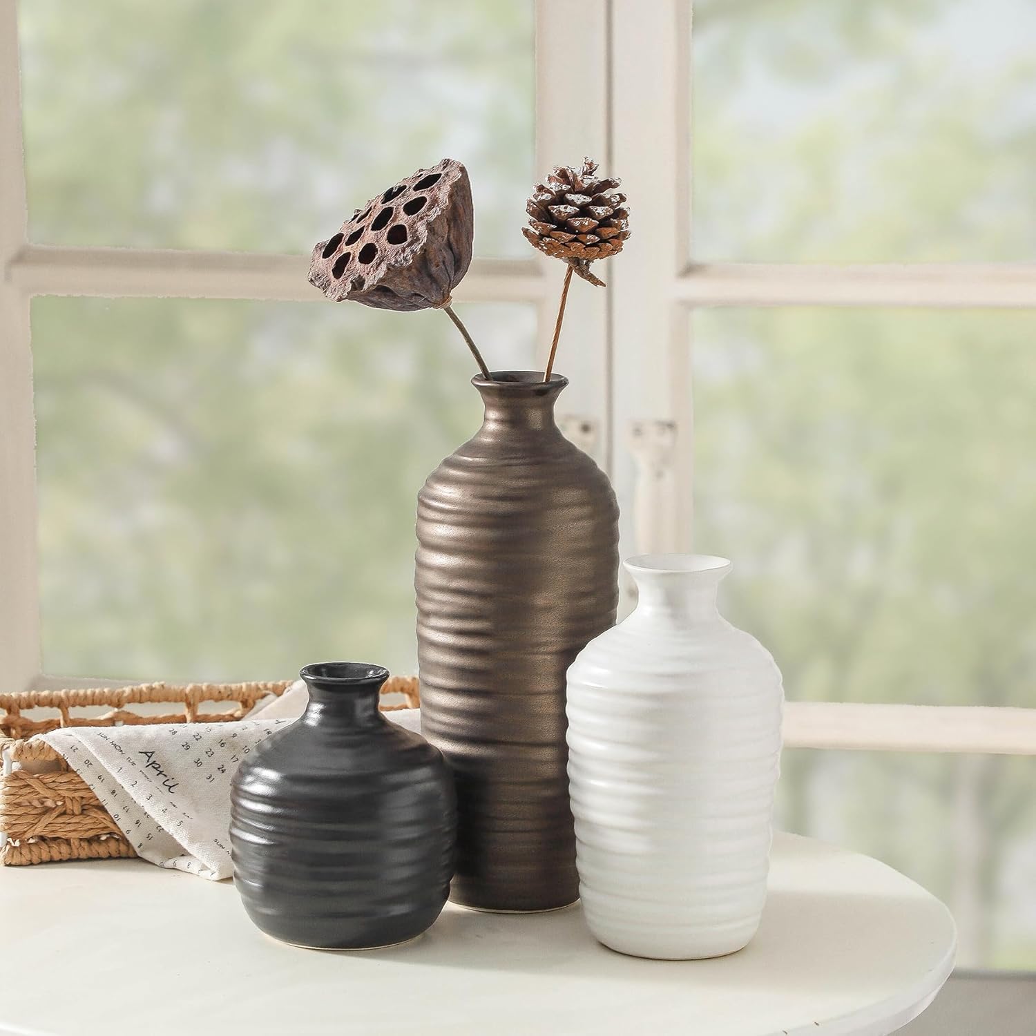 Ceramic Vase Set of 3 Neutral Decorative Vase for Farmhouse, Boho, or Rustic Home Decor Pottery Vases for Living Room Bathroom Table Mantel Fireplace Entryway Shelf (01-Metallic)