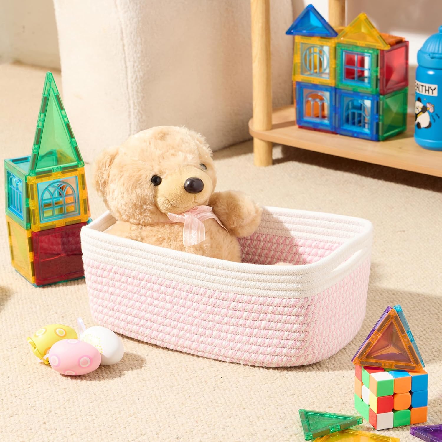 Small Storage Baskets for Organizing | Closet Organizer Bins | Shelf Toy Basket | Woven Rope Baskets | Cube Decorative Box | Shallow Basket | 13x8.5x5.1” | 3 Packs White Pink