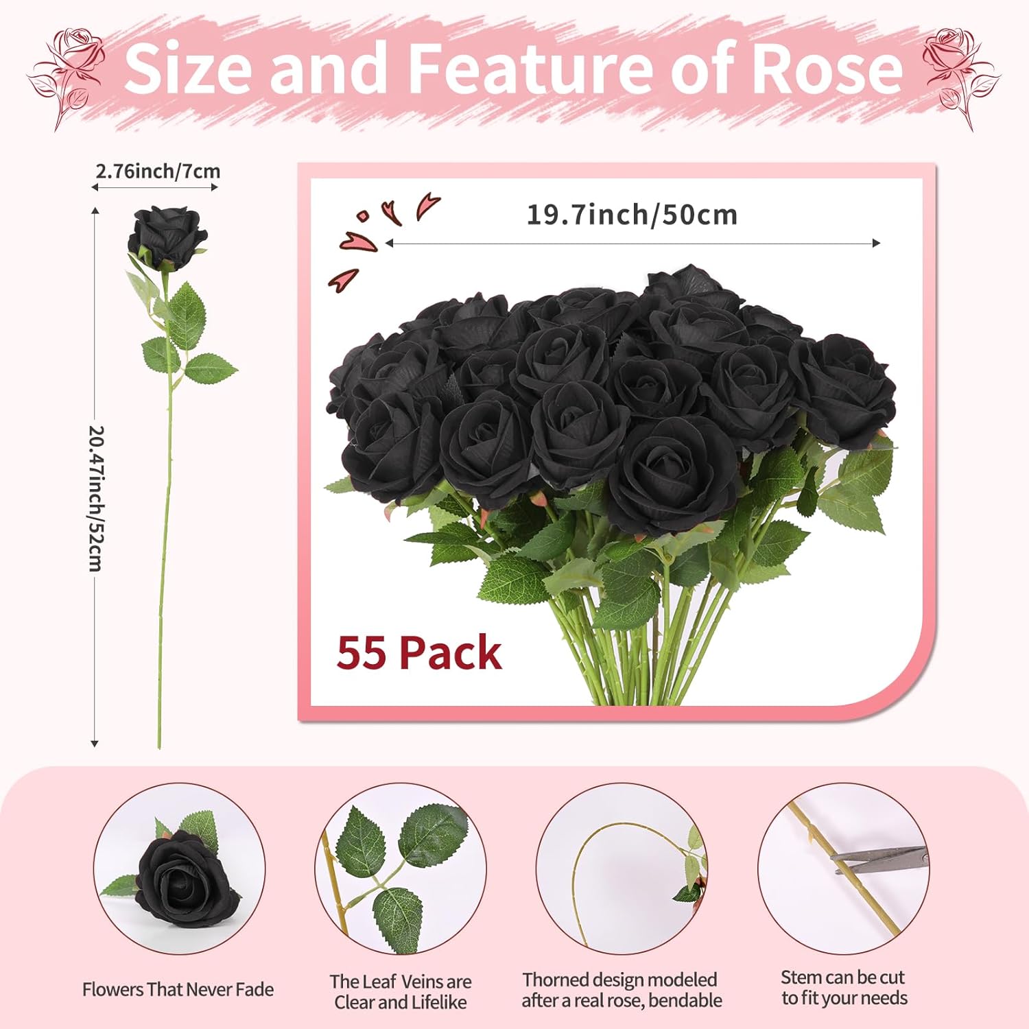 55 PCS Fake Roses Artificial Flowers Bulk, Black Roses Bridal Bouquet Silk Faux Rose with Stems for Wedding Flowers Decoration, Valentine's Day, Bridal Bouquet, Anniversary,Home Decor (55PCS, Black)