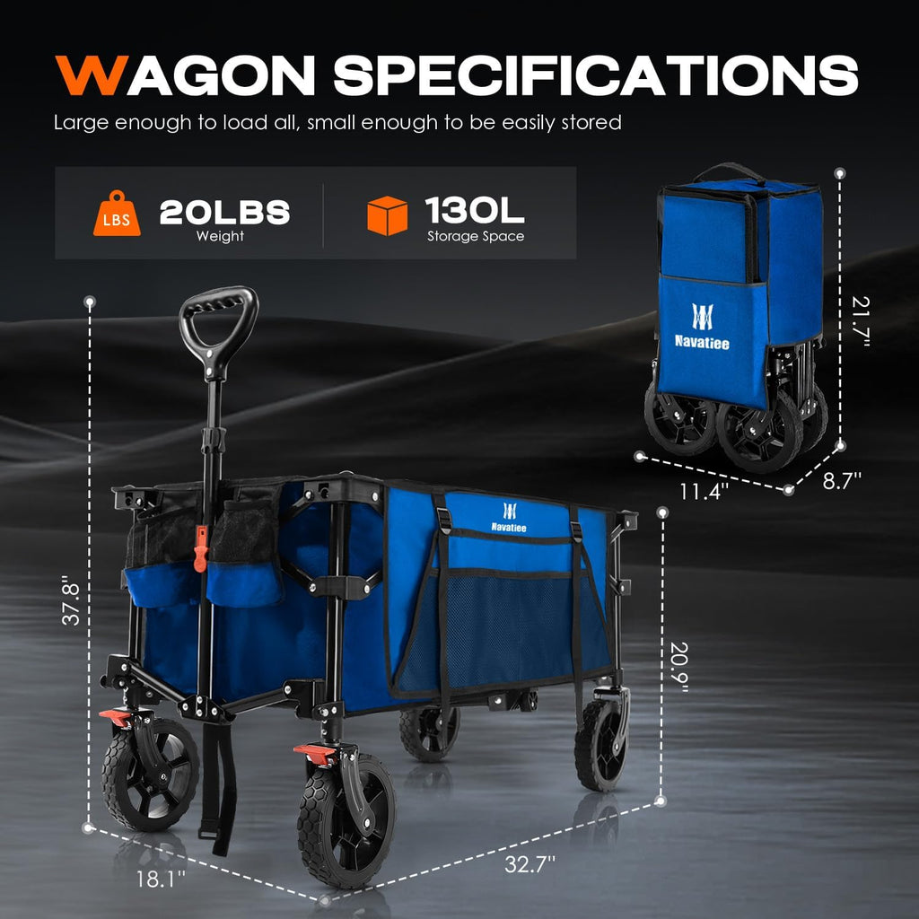 Navatiee 130L Collapsible Foldable Wagon With Wheels, Large Capacity Cart With Side Pocket and Brakes for Grocery Shopping, Garden and Outdoor Use, Blue