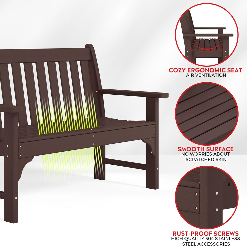 Garden Bench, Farmhouse Park Front Porch for Entryway Bench Outdoor Seating Low Bench Patio Bench Outside/Indoor, Dark Brown