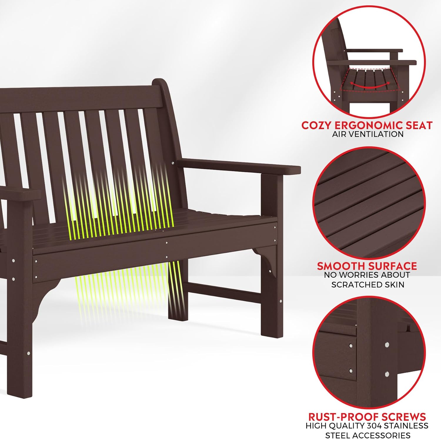 Garden Bench, Farmhouse Park Front Porch for Entryway Bench Outdoor Seating Low Bench Patio Bench Outside/Indoor, Dark Brown