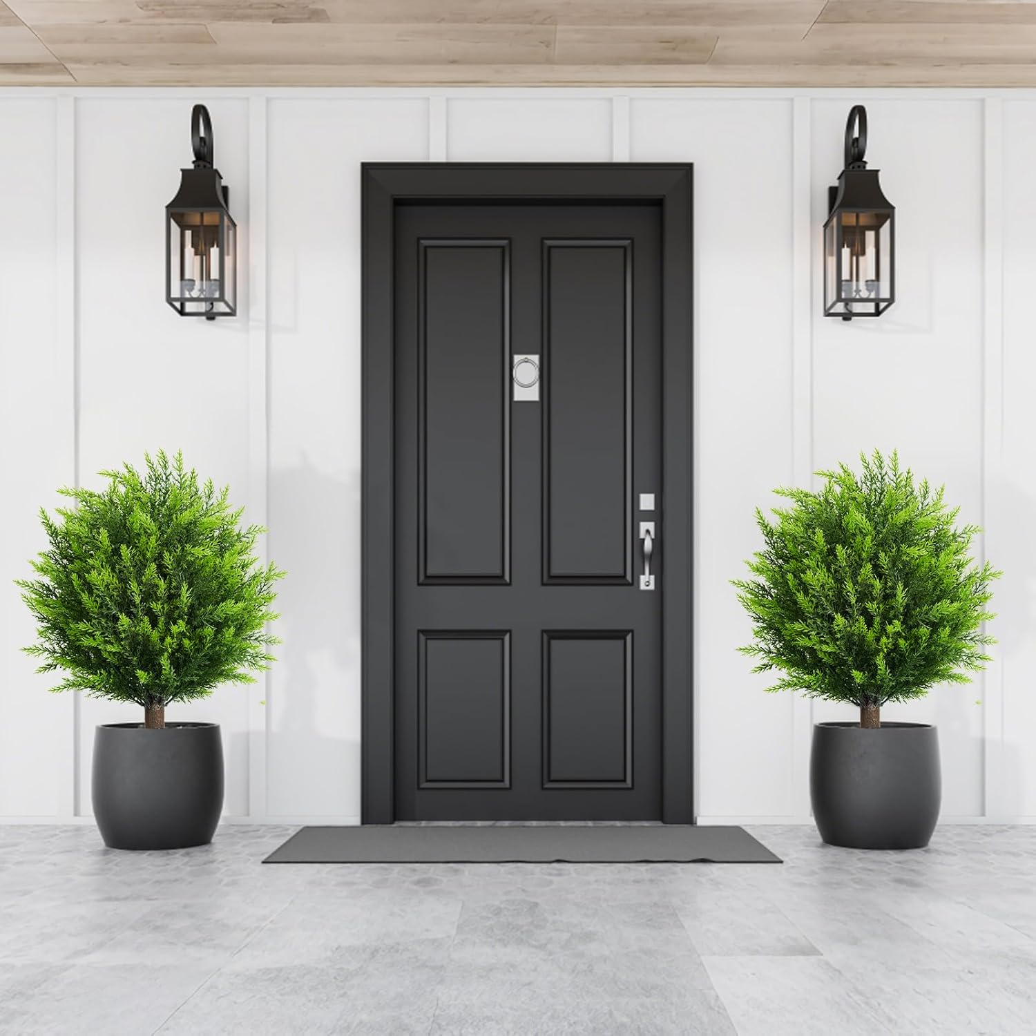 26.5" Artificial Cedar Topiary Ball Trees, Set of 2 UV Resistant Fake Evergreen Trees Shrubs Bushes Artificial Plants with Ground Spike Faux Cypress Plants for Indoor Outdoor Front Porch Garden