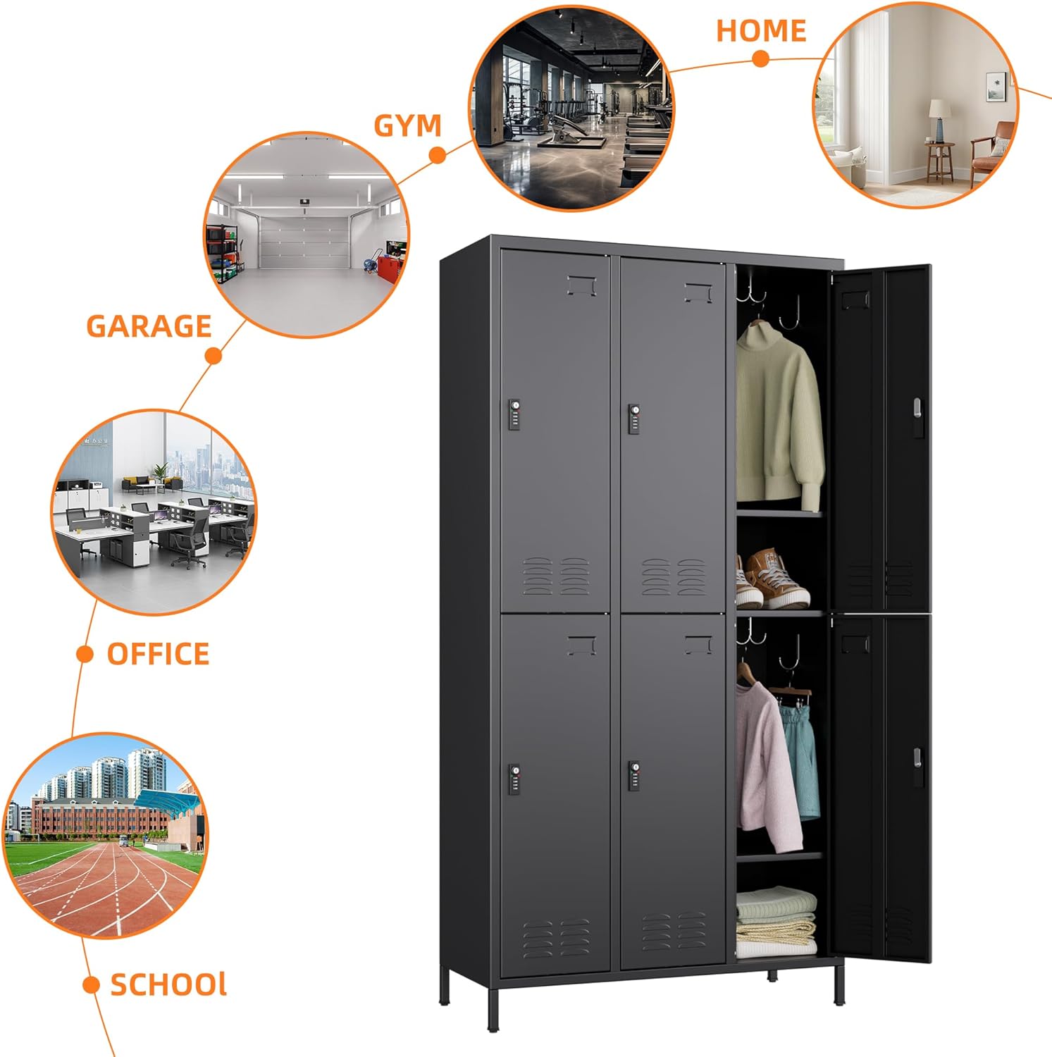 6 Doors Metal Lockers for Employees with Combination Locks and 6 Shelves, Storage Locker with 18 Hooks and Business Card Holder for Office Gym School Bedroom, Assembly Required, Black
