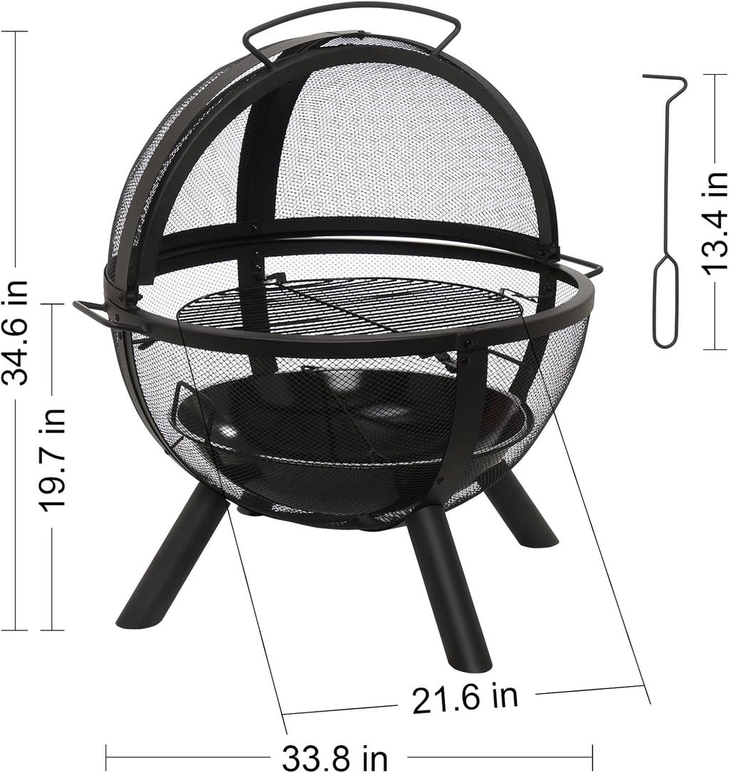 Ikuby Ball of Fire Pit fire Ball with BBQ Grill fire Globe Pit Large Round fire Pit,Patio Fire Pit Fireplace for Camping, Heating, Bonfire and Picnic, Black, 33.85*32.67*35in, (BLKFP-001)