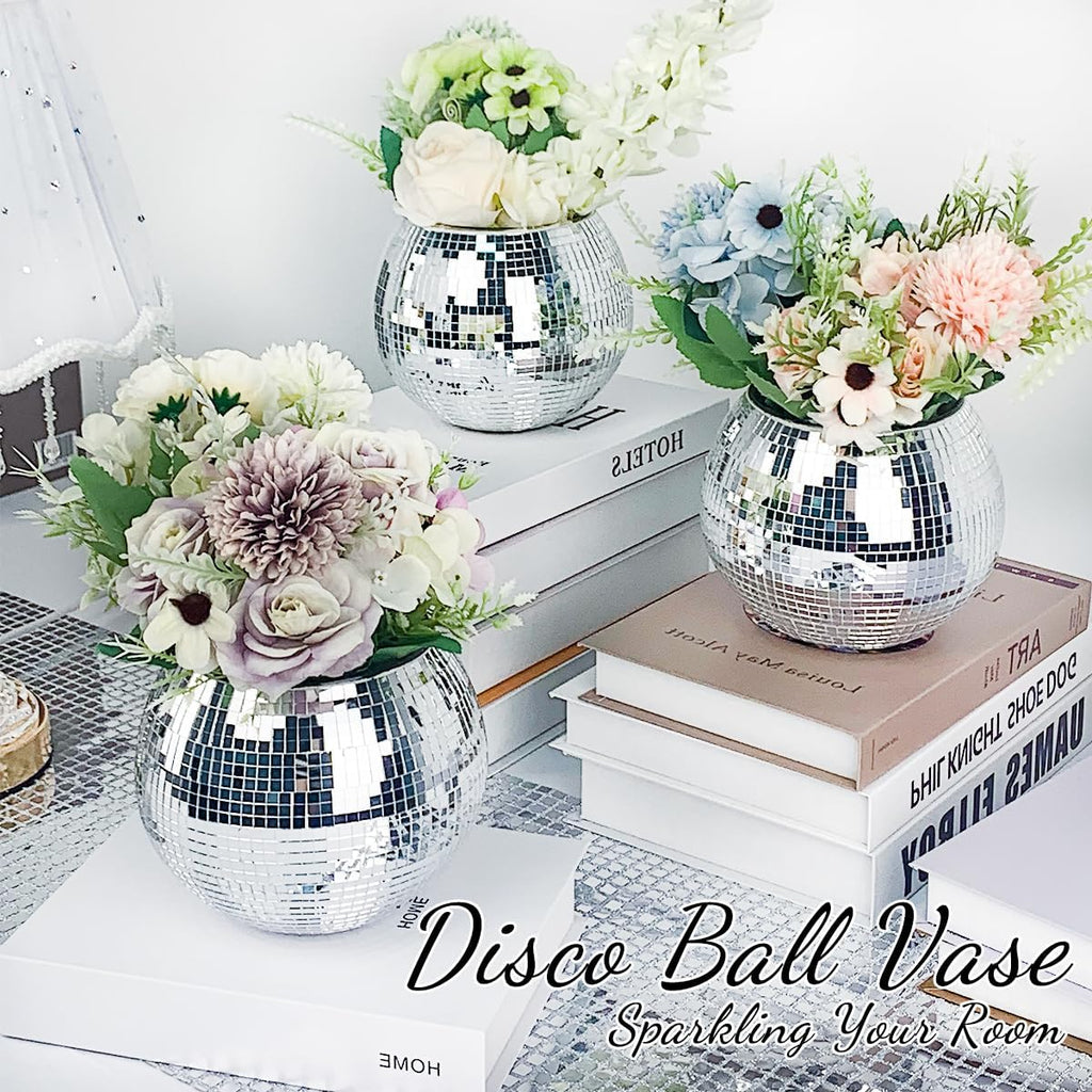 2 Pcs Disco Ball Vase, 5 x 6 Inch Mirrored Disco Ball Planters Perfect for Decorative Living Room, Bedroom, Dining Table, Wedding, Party, Birthday