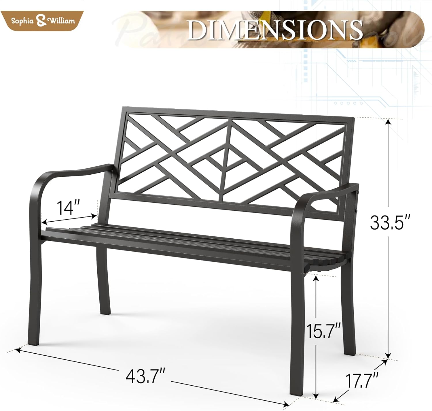 Sophia & William Outdoor Metal Bench Patio Garden Bench, Cast Iron Park Benches for Outside with Minimalist Backrest, Black