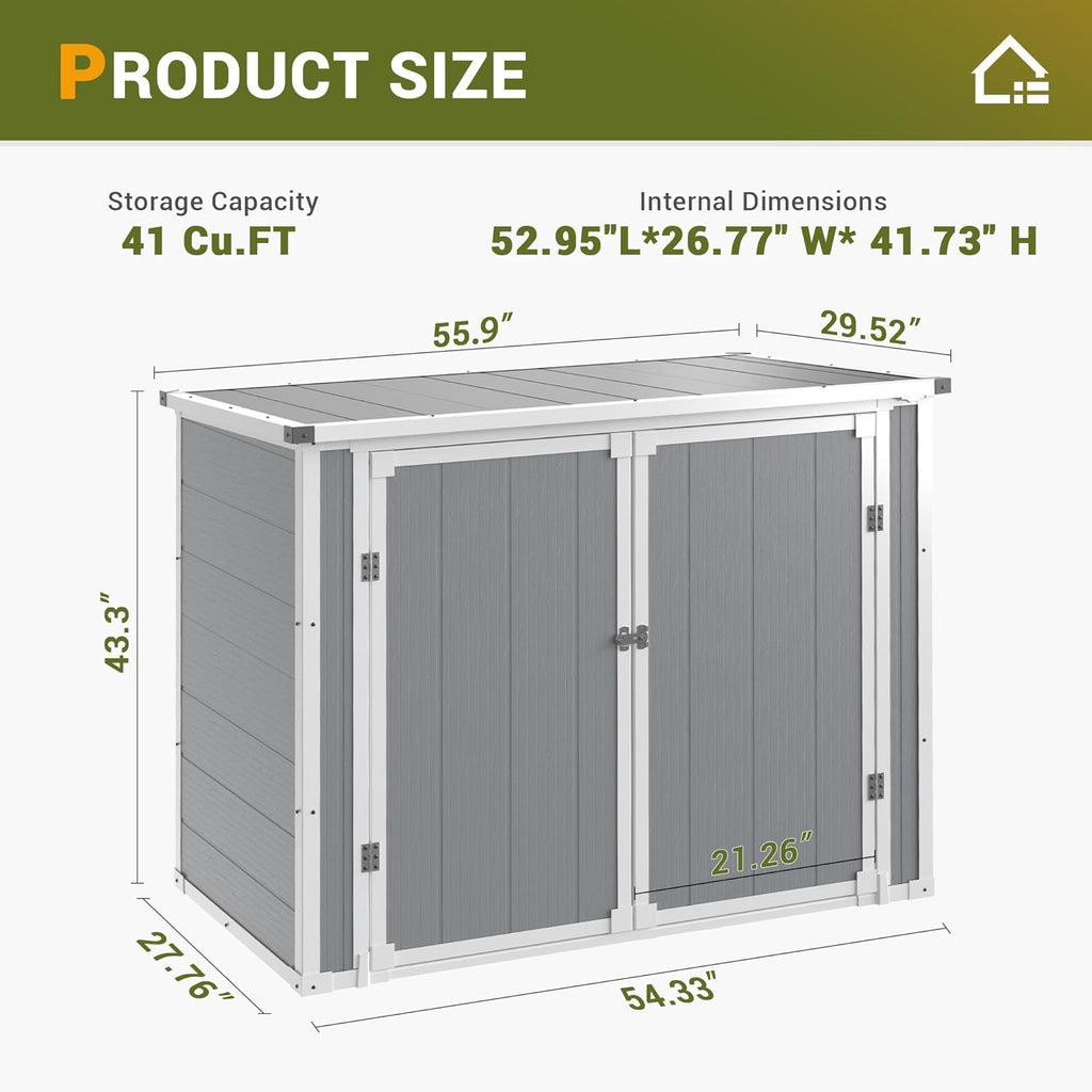 41 Cu.Ft Horizontal Outdoor Plastic Storage Shed/Box Trash Can Sheds Weatherproof Resin Shed with Floor Thickened & Gas Spring & Lockable Doors for Tools, Lawn Mower Storage（4.5 * 2.5 FT）