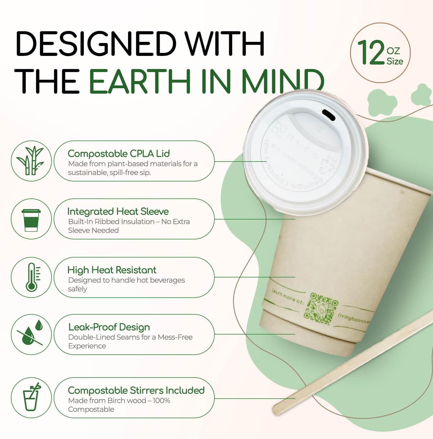 Living Balance Certified Compostable Coffee Cups with Lids 12 oz – 100 Pack Cups with Stirrers & Integrated Sleeves | Leak Proof, BPA-Free & PLA Certified Plant-based | To-Go cup for Hot & Cold Drinks