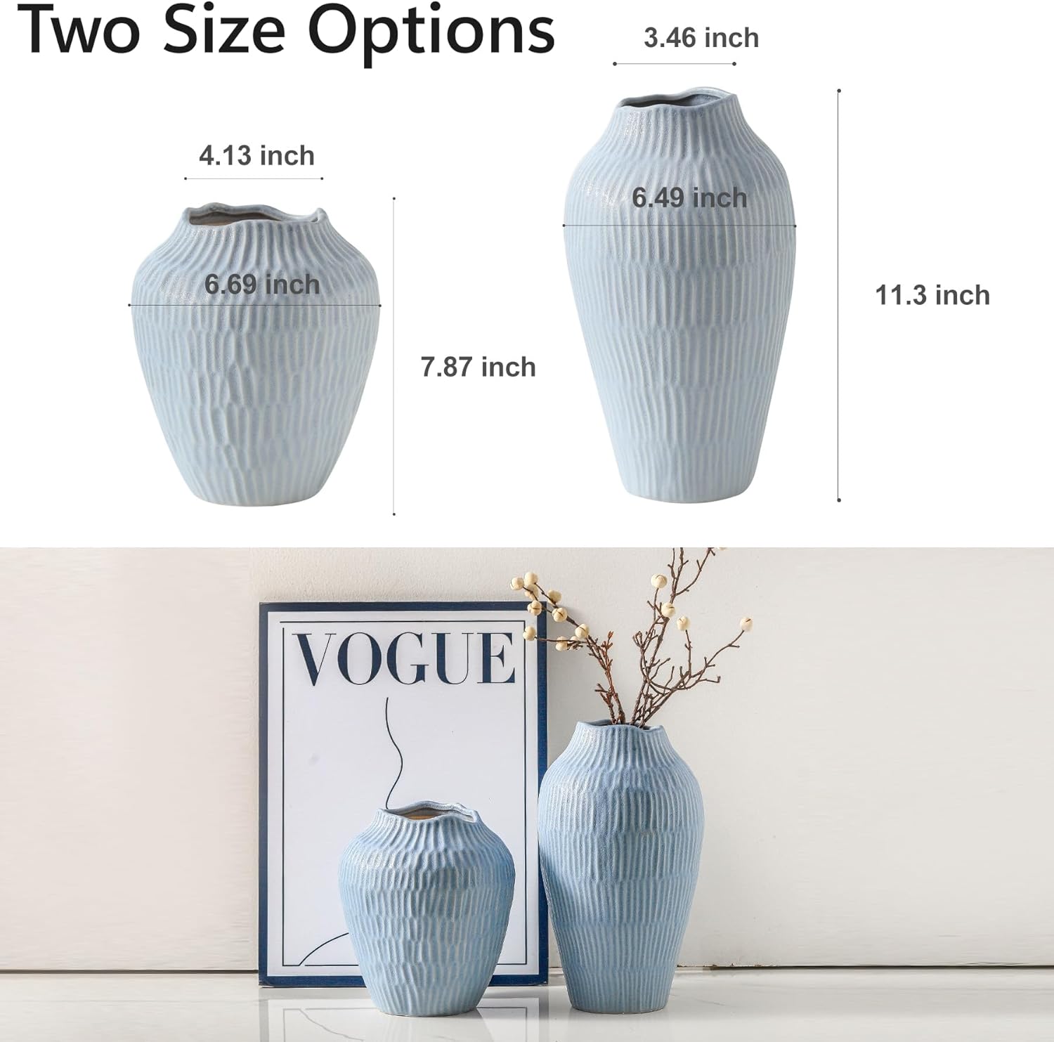 Ceramic Vase for Home Decor,11.6 Inch Flower Vases，Decorative Blue Vase for Pampas Grass，Modern Art Texture Vases for Home Entryway Living Room Dining Table Farmhouse Office Decor-Mat Blue