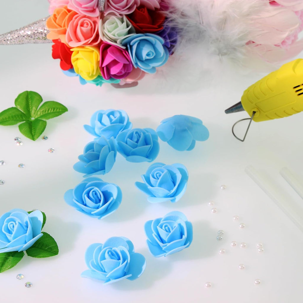 500 Pcs 1.4 Inch Mini Artificial Flowers Head Bulk 5 in 1 Set Faux Foam Fake Small Rose Tiny Baby Flores Bouquet Cake Gift Home Decoration DIY Craft (Sky Blue)