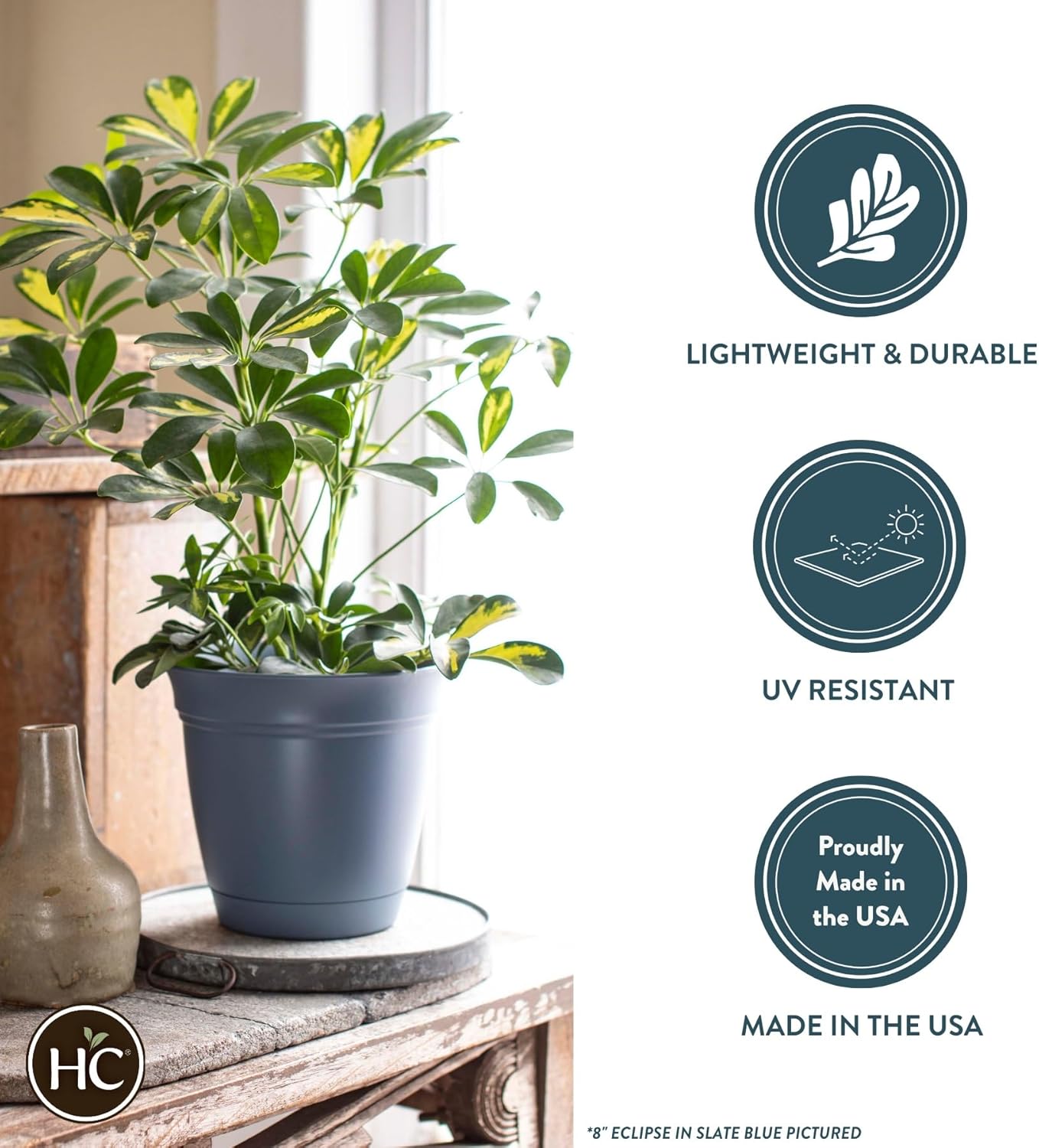 The HC Companies Eclipse Round Planter with Saucer - Outdoor & Indoor Plant Pot with Drainage Holes - Lightweight, UV-Resistant Plastic Pots for Plants, Flowers & Herbs (8" White, Pack of 6)