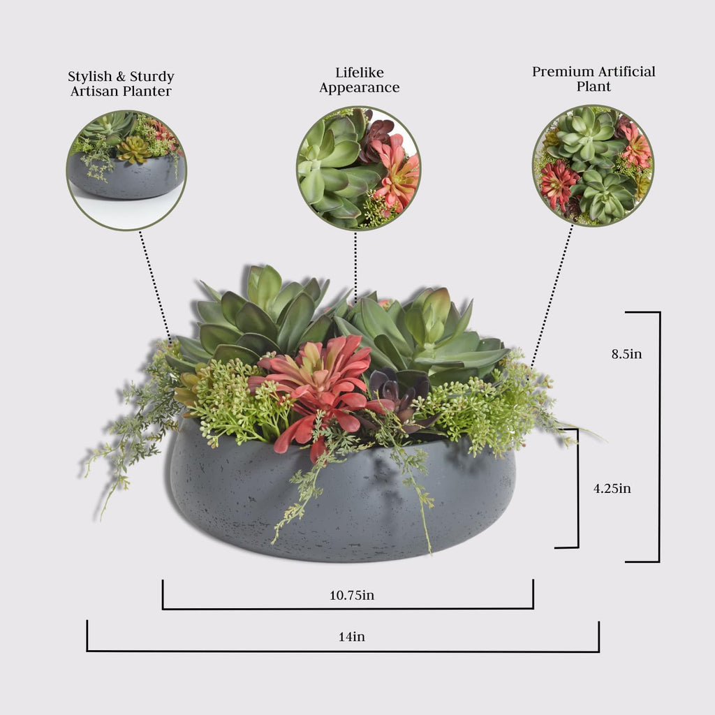Faux Succulent Arrangement, Premium Artificial Indoor Plant Enhances Interior Design, Display on Any Surface in Your Home Adding an Inviting Touch of Nature, Grey Planter Pot Included