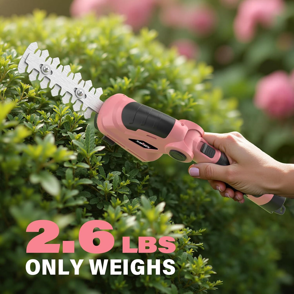 SOYUS Cordless Hedge Trimmer, 2 in 1 Electric Hedge Trimmers & Grass Shears, 7.2V Lightweight Shrub Trimmer Cordless with Battery and Charger, Ideal for Garden, Yard and Lawn - Pink