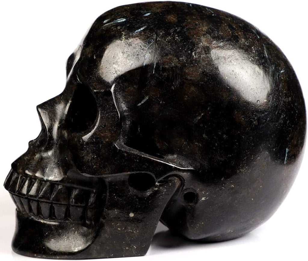 Skullis 5.0" Russian Arfvedsonite Crystal Skull, Hand Carved Gemstone Fine Art Sculpture, Reiki Healing Stone Statue.