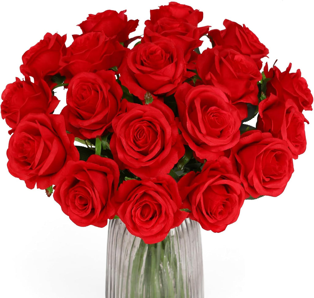 Red Fake Roses Artificial Flowers - 16 Pcs Fake Artificial Roses Silk Flowers with Stems for Home Wedding Hotel Office Centerpiece Decor