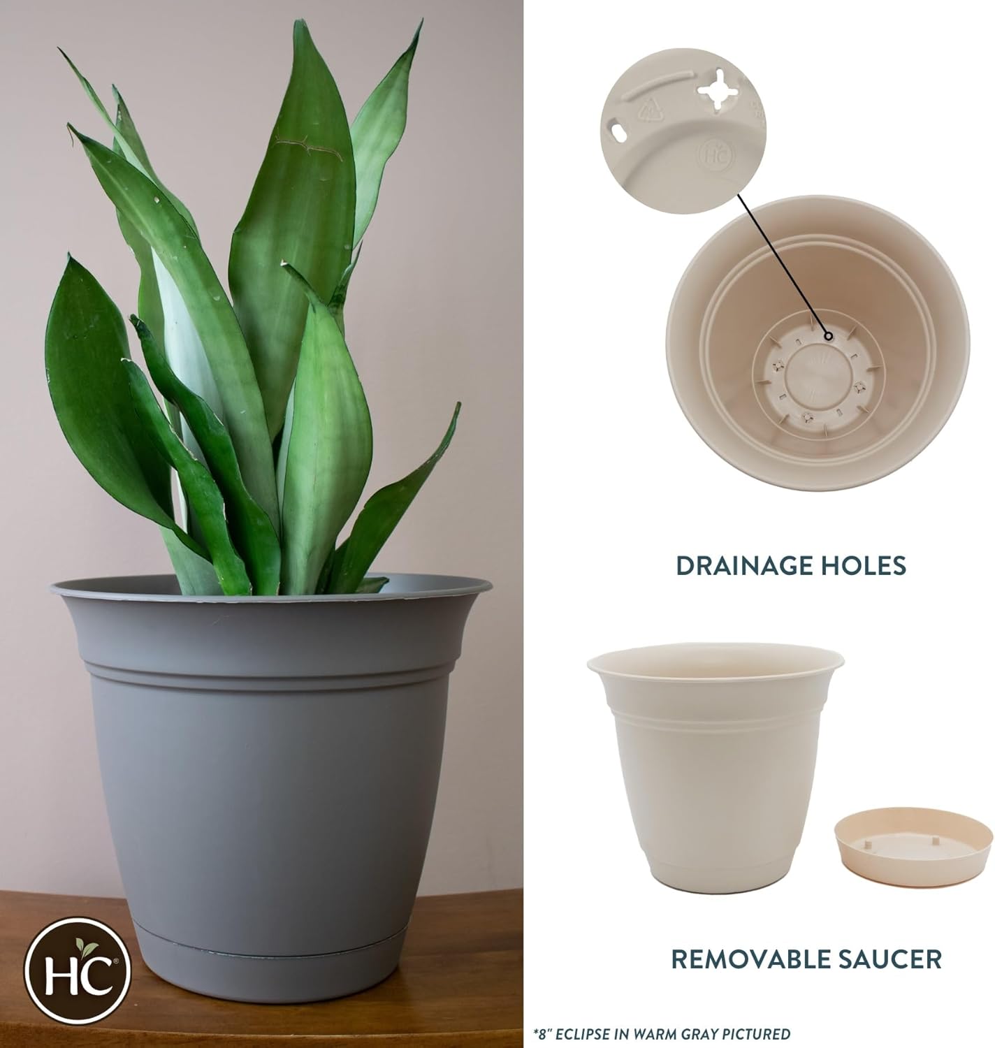 The HC Companies Eclipse Round Planter with Saucer - Outdoor & Indoor Plant Pot with Drainage Holes - Lightweight, UV-Resistant Plastic Pots for Plants, Flowers & Herbs (12" Cottage Stone, Pack of 1)