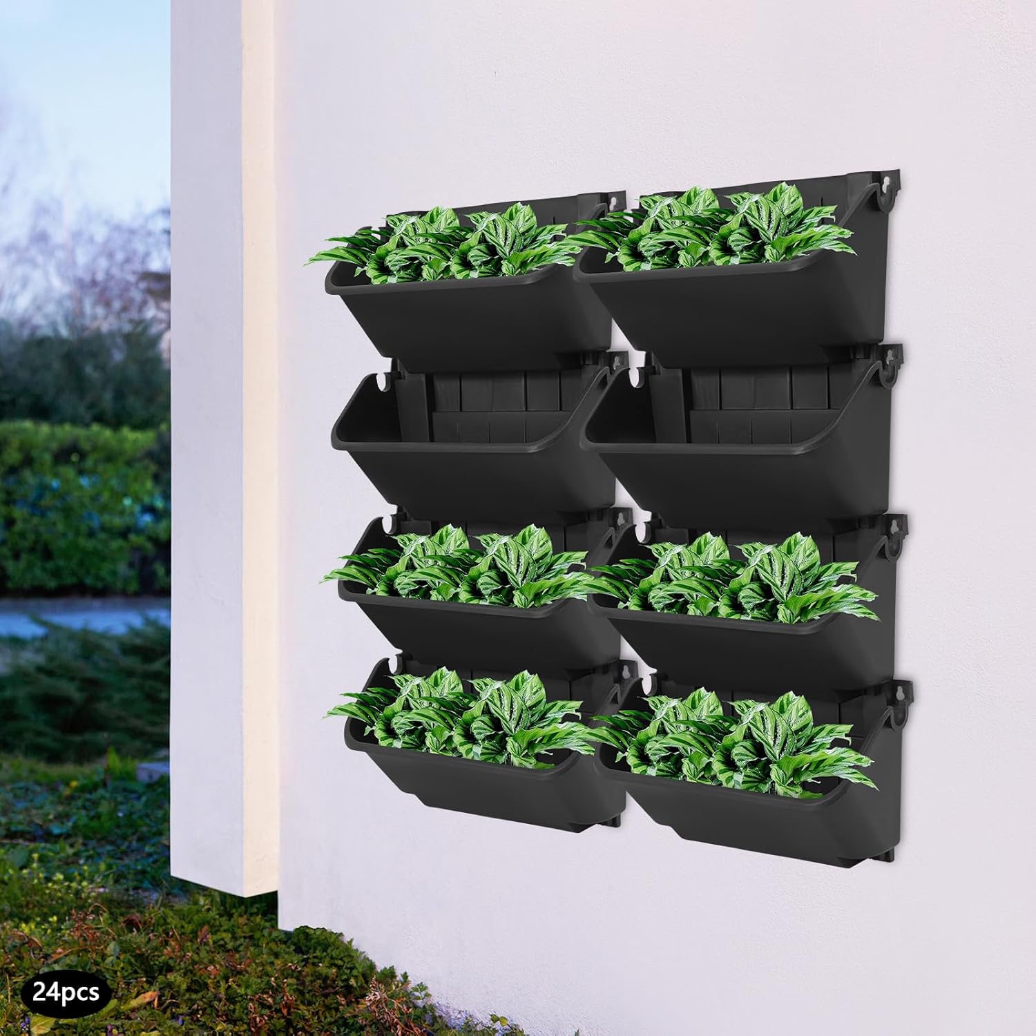 Eapmic Vertical Wall Planter with 24 Pots, Hanging Garden Plant Flowerpot Holder, Stackable Wall-Mounted Planter, Balcony Planters for Flowers Vegetables Fruits (Black, 24 Pots)