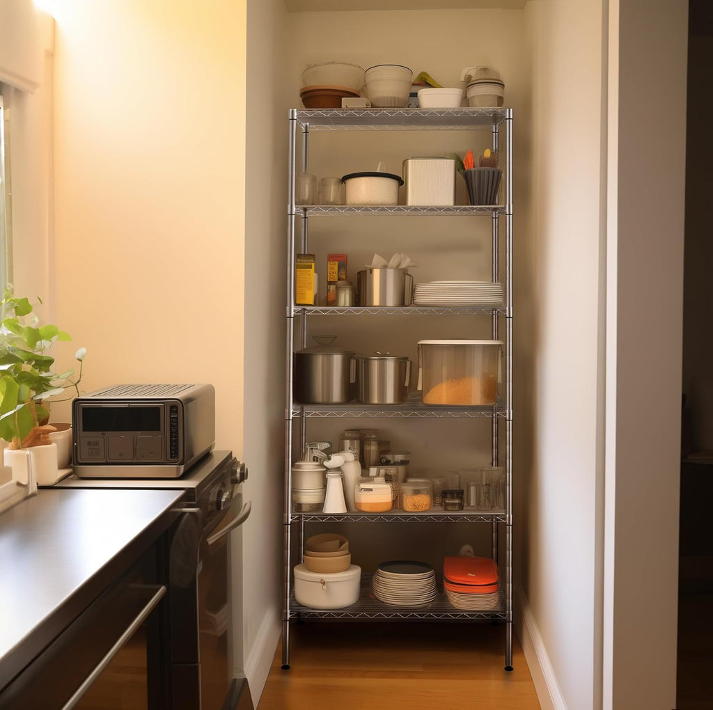 Finnhomy 6-Tier Wire Shelving Unit Adjustable Steel Wire Rack Shelving 6 Shelves Steel Storage Rack or Two 3 Tier Shelving Units with PE mat and Stable Leveling Feet, NSF Certified, Chrome