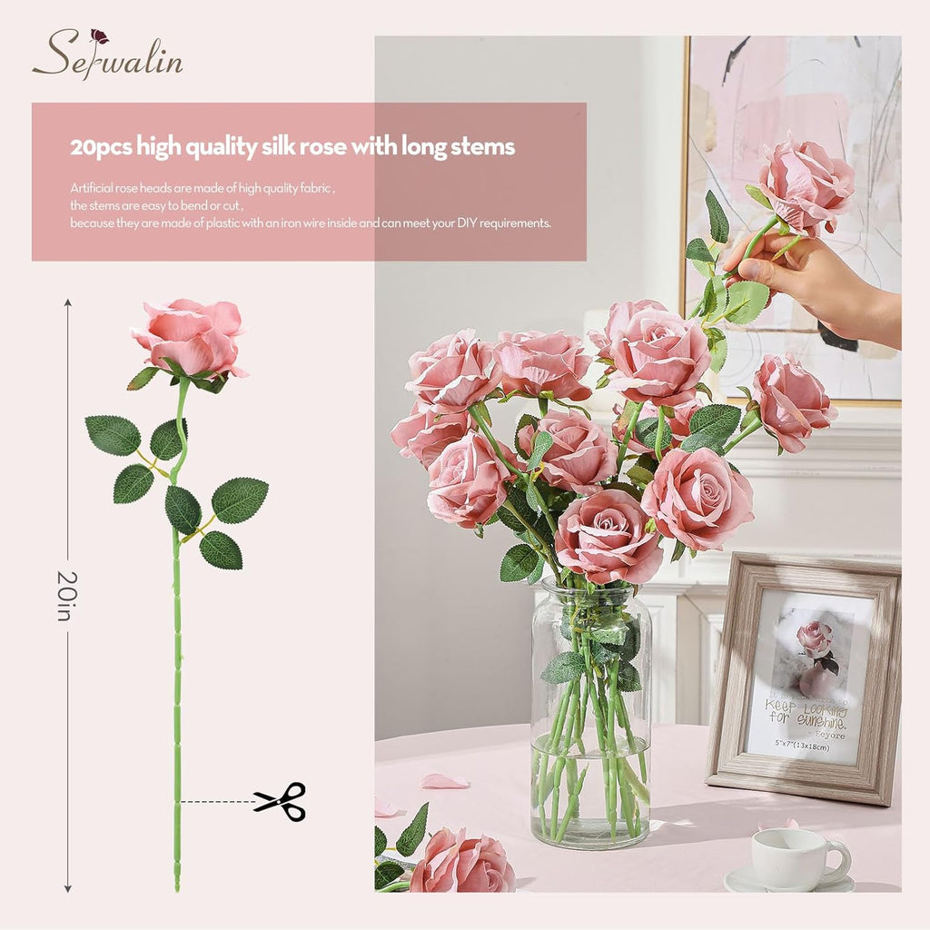 Serwalin 20PCS Artificial Roses, 4'' Big Flower Head, Dusty Pink Velvet Long Stem Roses, Silk Fake Roses Bouquet for Wedding Home Decor and Table Centerpiece