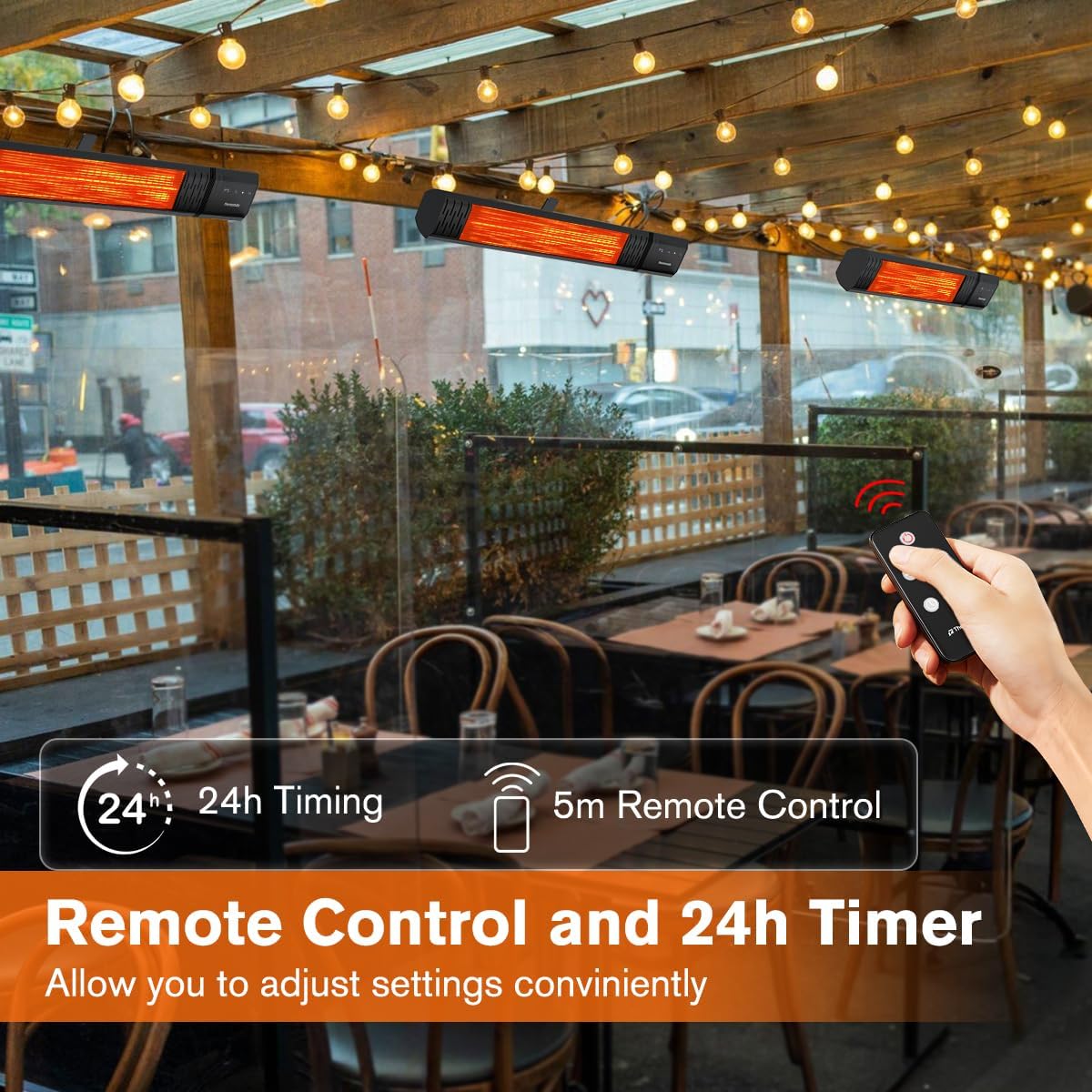 Small Outdoor Heater for Patio, thermomate 1500W IP65 Electric Infrared Heater with Low Glare Schott Glass, 9 Heating Levels & 24H Timer, Plug-in 120V Black