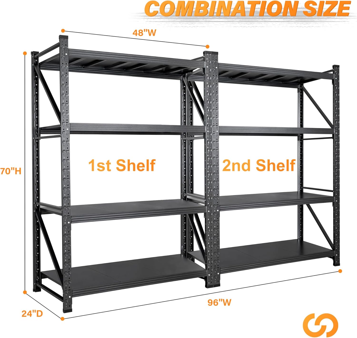 Set of 2 Storage Shelves, 4 Tier Heavy Duty Garage Shelving Units, 48” Wide Rack Shelf, 3000LBS Steel Industrial Shelving, 24” Deep Adjustable Standing Shelf for Warehouse 24" D x 48" W x 70" H Black
