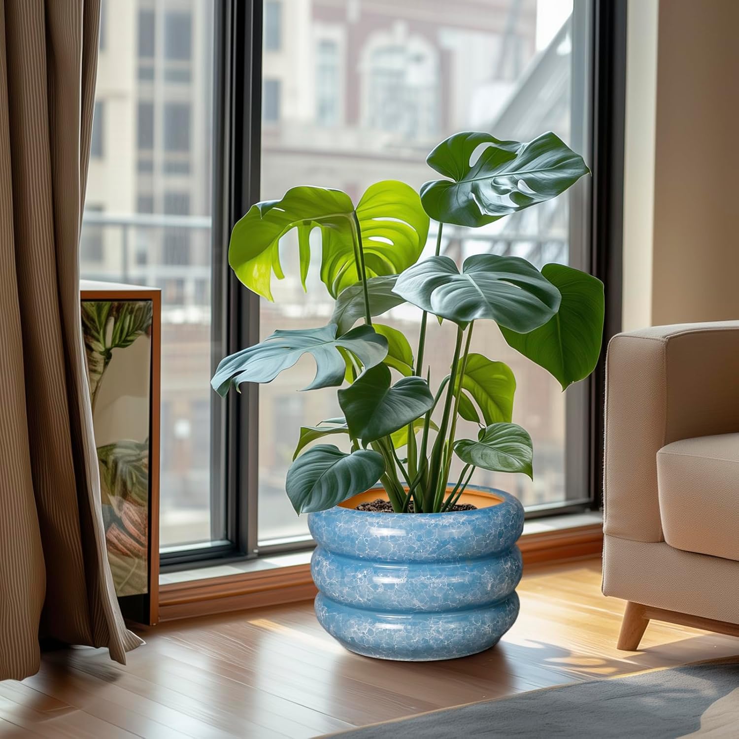 SQOWL 10 Inch Planter Pot - Ceramic Plant Pot with Drainage Hole Planter for Indoor Plants Large Flower Pot Decorative Plant Pot Outdoor Planter for Porch Decor Blue