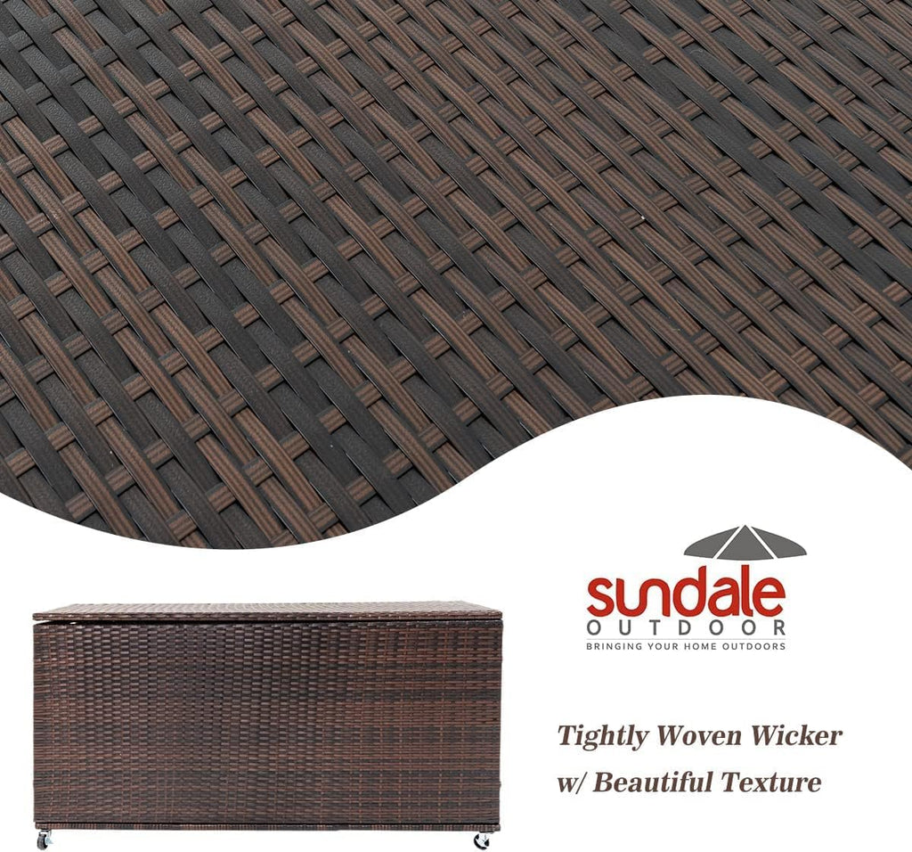 Outdoor 170 Gallon Water-Resistant Wicker Storage Box with Wheels, PE Rattan Deck Box with Waterproof Liner for Outside, Patio Storage Container with Hinged Lid, Horizontal Bin, Brown